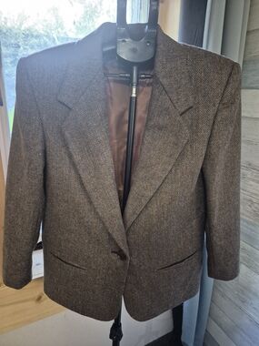 Vintage 90s Brown Herringbone Tweed Wool Blazer Jacket - 8